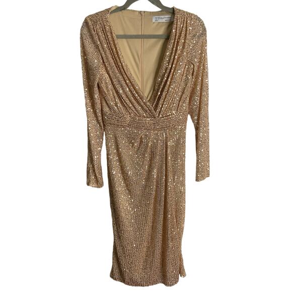 Ieena Mac Duggal 26555 Long Sleeve Sequin Midi Dress Side Slit Rose Gold Size 6 - Picture 5 of 15